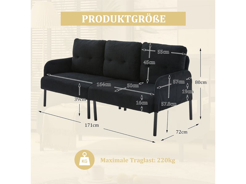  Canapé 3 places en velours côtelé noir avec dossier ergonomique et poches latérales pratiques  - Conforama C