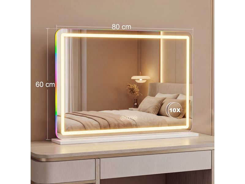  Miroir maquillage lumineux 80x60cm, miroir coiffeuse led dimmable, lumière rgb, 3 températures de couleur, blanc  - Conforama E