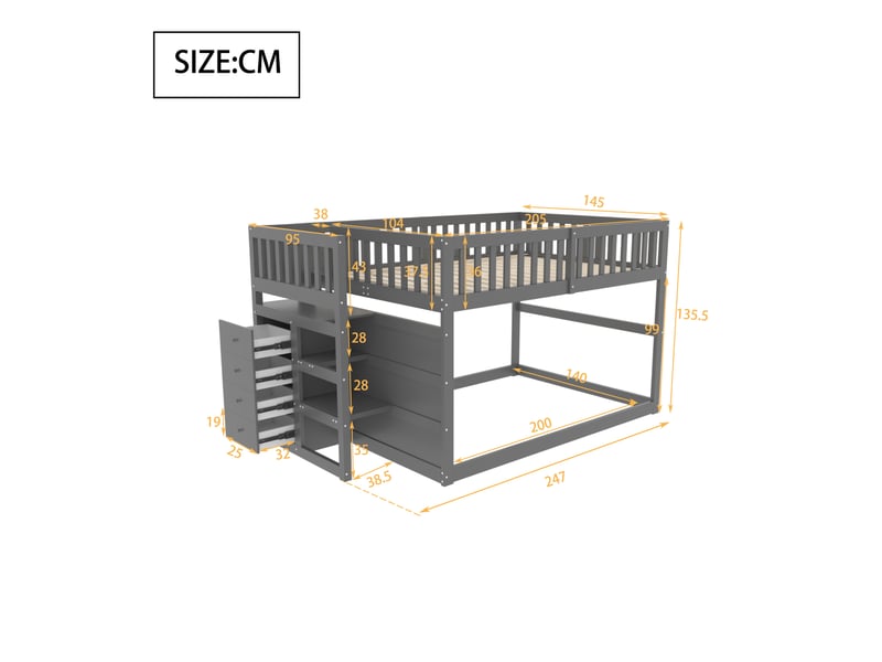  Lit superposé bas 140x200, lit enfant en bois gris avec barrière de sécurité haute. Lit superposé sécurisé avec escalier et tiroirs.  - Conforama R