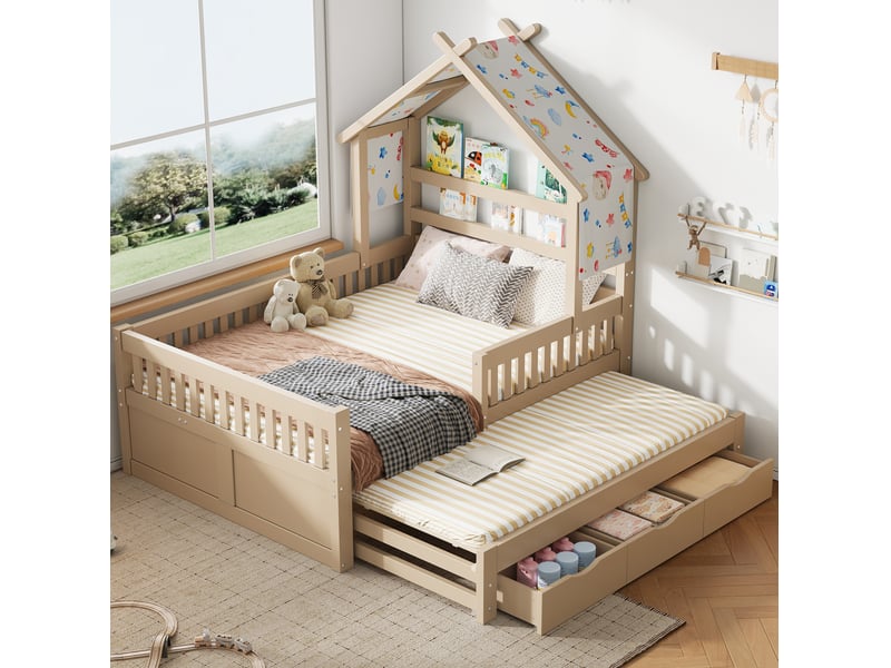 Lit cabane enfant 140x200 avec lit gigogne et 3 tiroirs evryae  - Conforama B