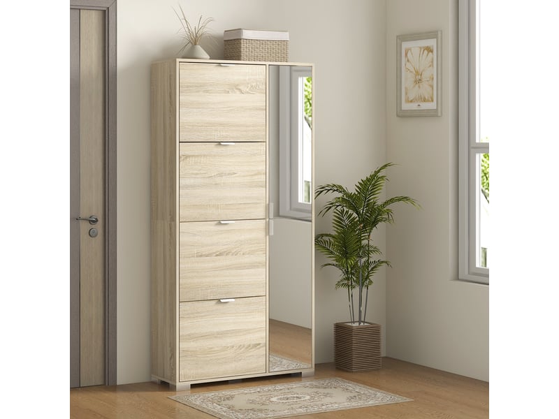  Meuble à chaussures d'entrée avec 4 abattants 2 placards et façades miroir pour 16 paires en bois clair T1003-01-09793 - Conforama D