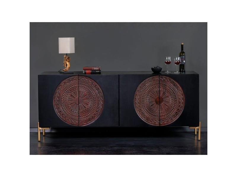 Buffet mahara 160 cm en bois de manguier massif – 4 portes sculptées noir, marron et doré  - Conforama B