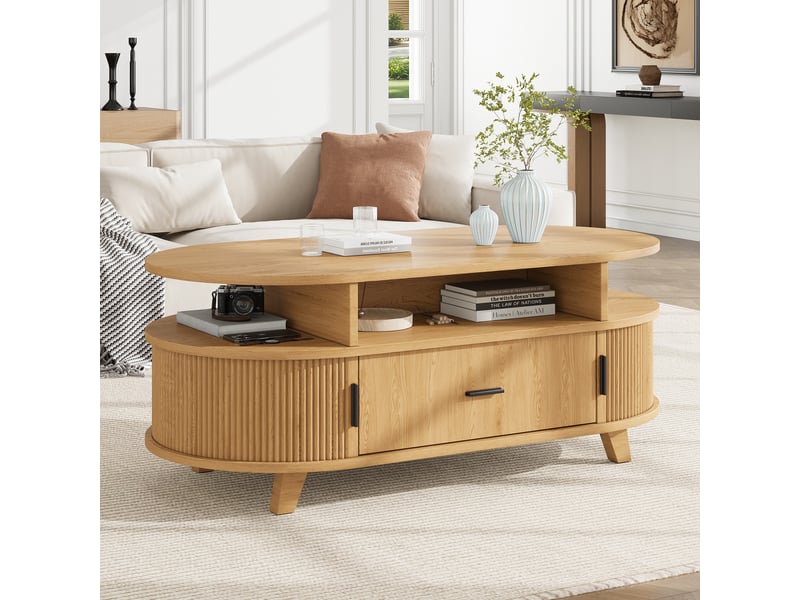  Table basse ovale bois clair avec 1 tiroir - 50x100 cm mdf table basse bois clair - Conforama D
