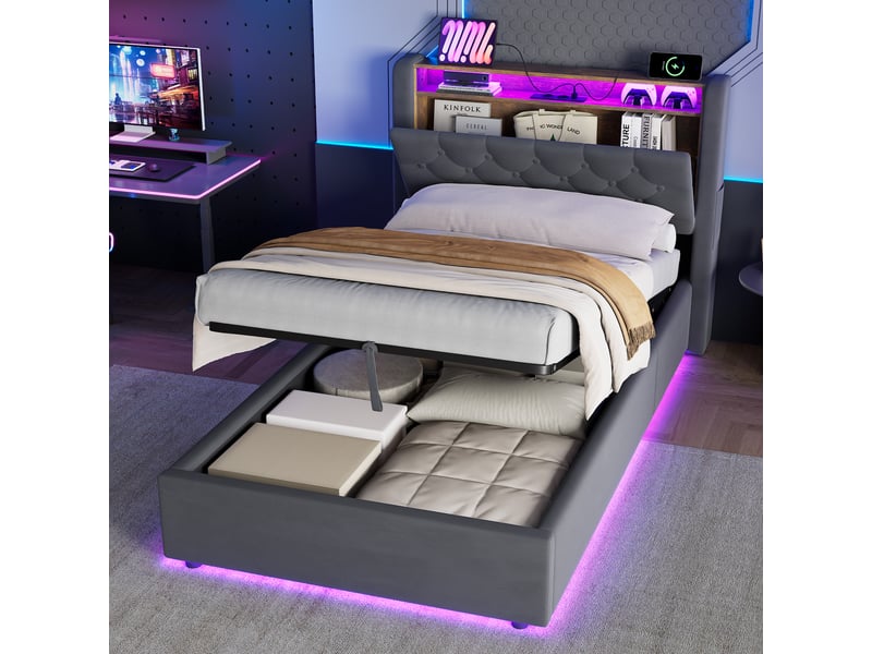  Lit coffre simple 90x200 cm avec led et usb-c, en velours gris  - Conforama E