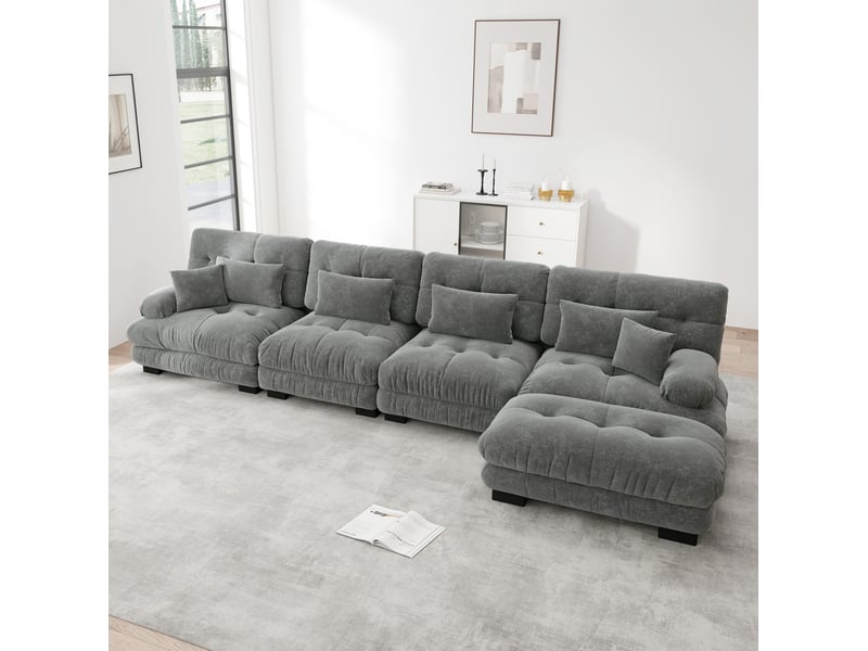  Canapé d'angle modulable 4 places en chenille gris avec ottomans mobiles  - Conforama D