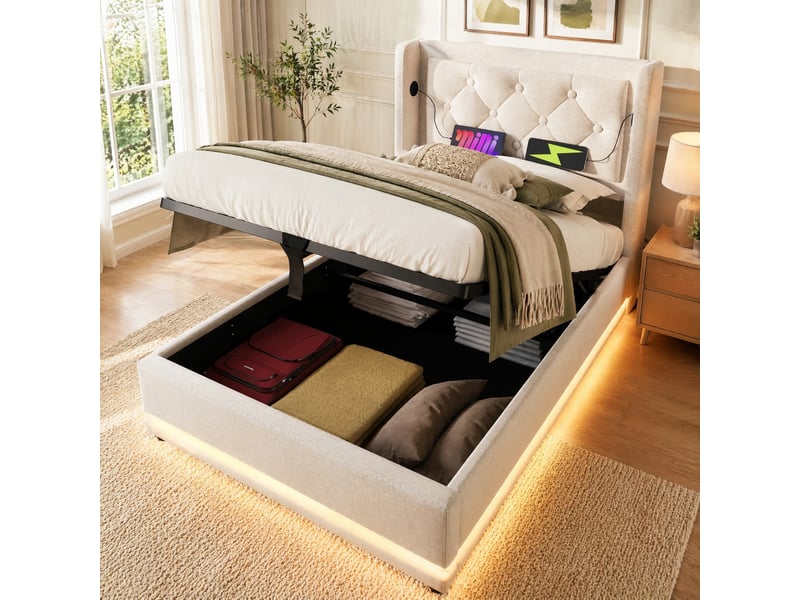  Lit simple coffre 90x200 cm en coton beige avec led, usb et usb-c  - Conforama C