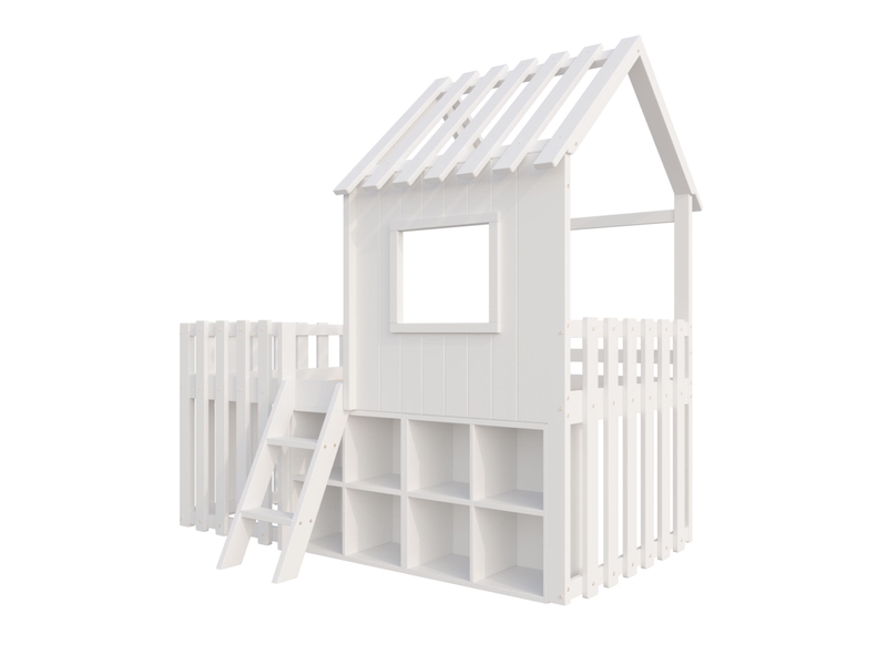  Lit mezzanine enfant 90x200 cm – blanc – cabane avec rangements mobiles, échelle et fenêtres - sans matelas  - Conforama D