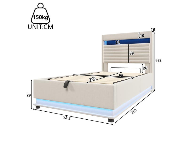  Lit coffre rembourré 90x200 cm, rangement hydraulique, led, usb-c, compartiment de rangement rabattable, lin, mdf et contreplaqué, beige OMNIGLINT TRADING LTD - Conforama C