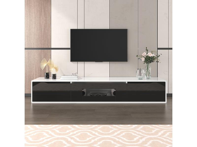  Meuble tv 180x35x30 cm avec led multicolore, finition laquée brillante noir et blanc, meuble tv moderne avec rangement pour salon - blanc  - Conforama C