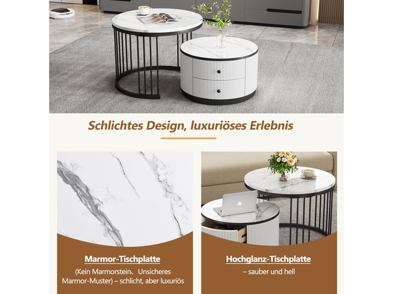  Tables basses gigognes 60 et 50 cm blanc effet marbre, tiroirs, design moderne – meuble salon tendance coforama  - Conforama E