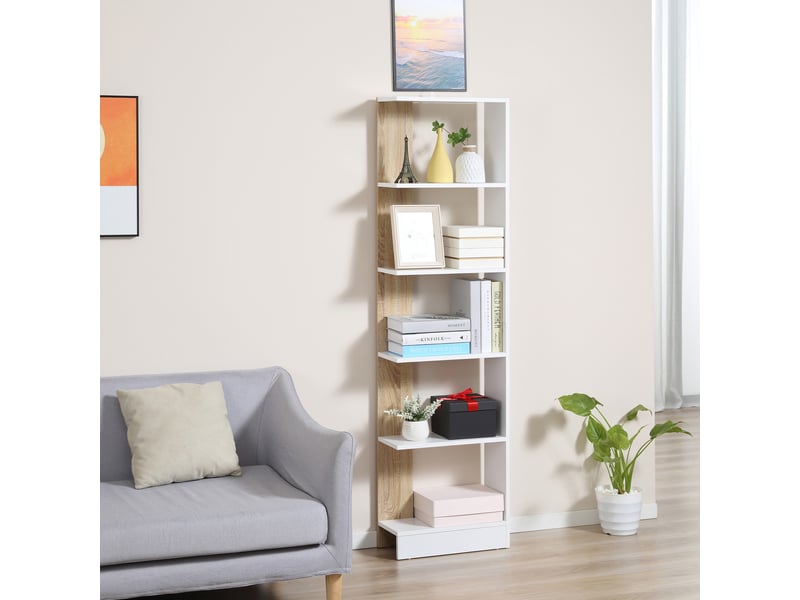  Bibliothèque étagère de rangement avec 5 compartiments ouverts design simple moderne blanc et chêne  - Conforama C