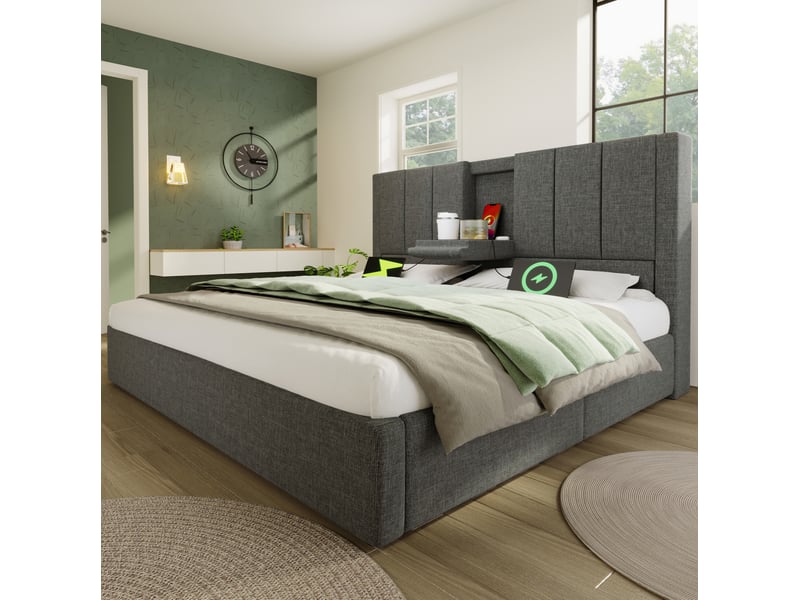  Lit double avec rangement coffre, 160x200 cm, avec station de charge, porte gobelet, matelas inclus, lin, coloris gris  - Conforama E
