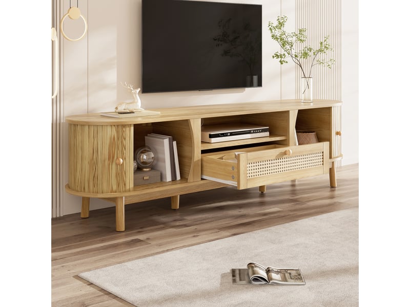  Meuble TV 165x37x46 cm avec portes coulissantes en bois, tiroirs en cannage et rangements, style naturel - Naturel Fay Lum - Conforama D