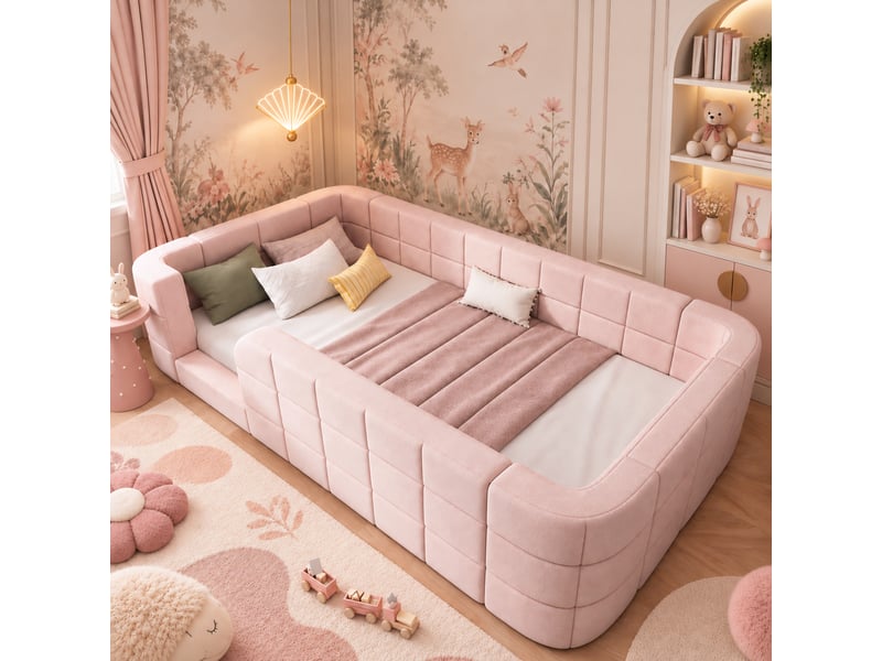  Lit enfant rembourré 90x200 cm en chenille avec barrières de sécurité tout autour, accès bas et sommier à lattes - rose Morn Vibe - Conforama B