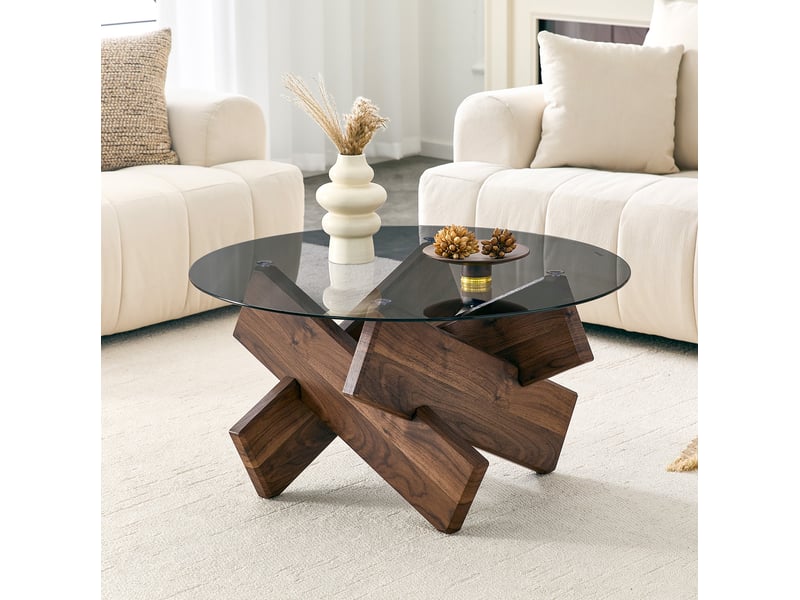  Table basse ronde avec plateau en verre trempé et piètement géométrique en mdf pour salon, noyer, ø 79 × 45 cm  - Conforama B