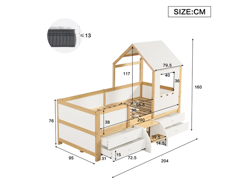 Lit cabane enfant 90x200 cm en pin blanc et naturel avec rangements et échelle - Conforama C