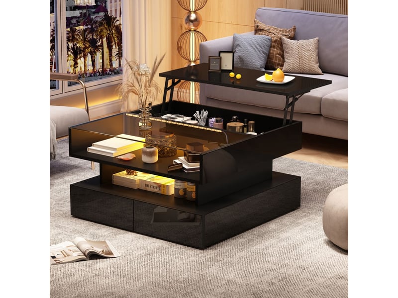  Table basse 80x80, plateau verre trempé table basse salon, rangement intégré, led intégrées, plateau relevable  - Conforama A