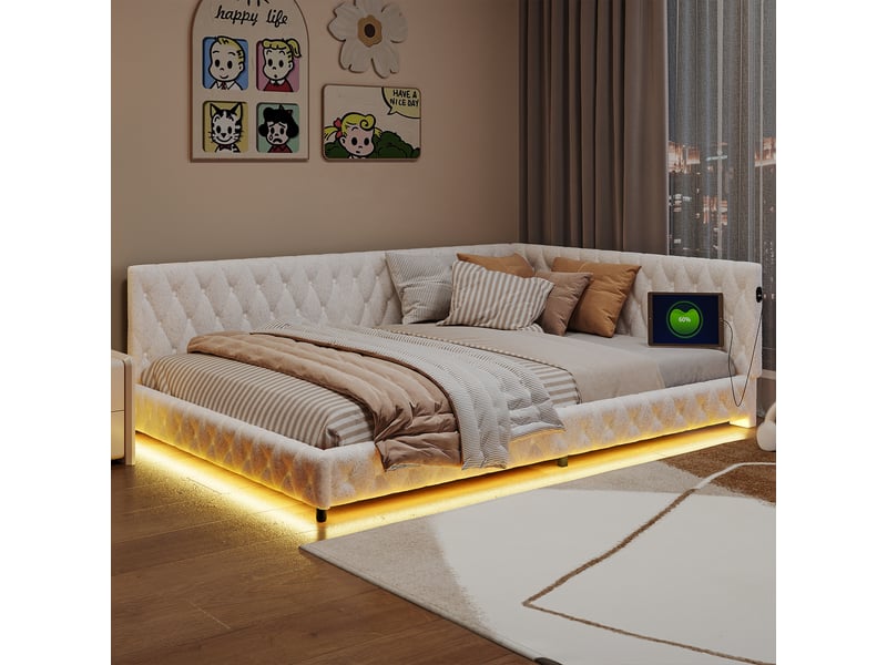  Lit banquette rembourré en tissu bouclette 140x200cm-beige - éclairage led rgb et ports usb intégrés - style cosy et moderne  - Conforama E