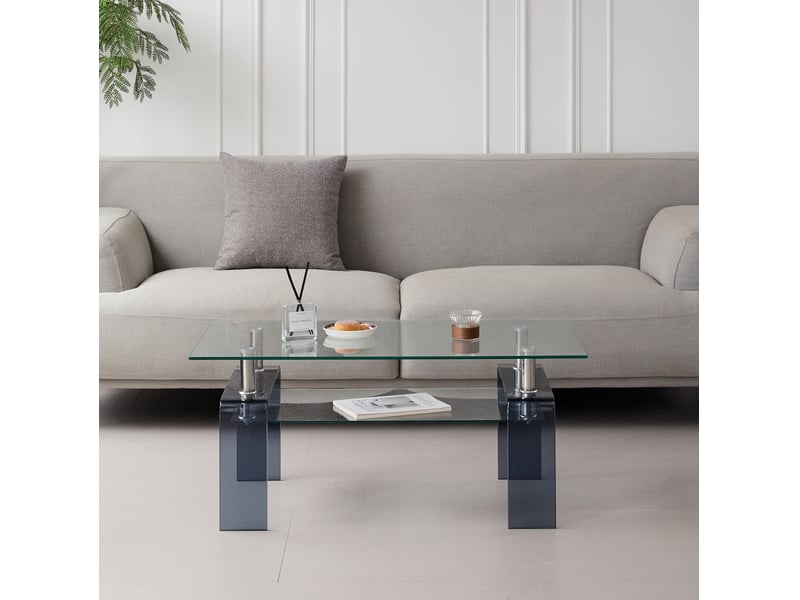  Table basse avec plateau et tablette en verre trempé, pieds gris, pour salon, en verre transparent, 100 × 55 × 45 cm  - Conforama D