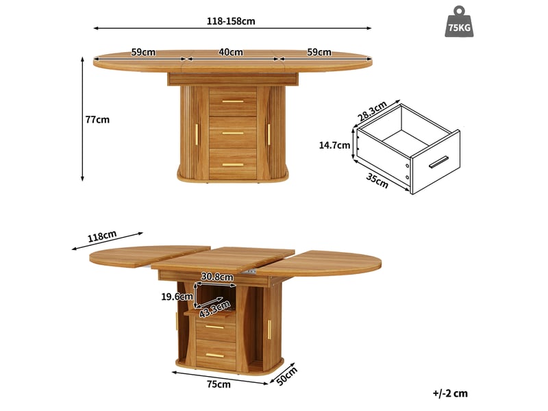 Table de salle à manger extensible ronde 118-158 cm – noyer – rangement intégré – jusqu’à 6 personnes - Conforama C