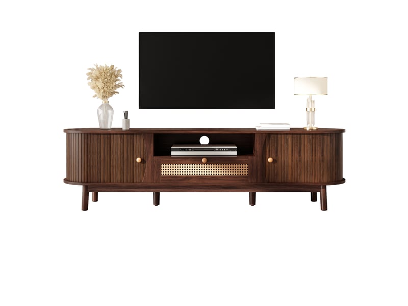  Meuble tv avec portes et tiroirs. Meuble tele en rotin, façade basse, portes en bois massif, solution de rangement de style cottage  - Conforama C