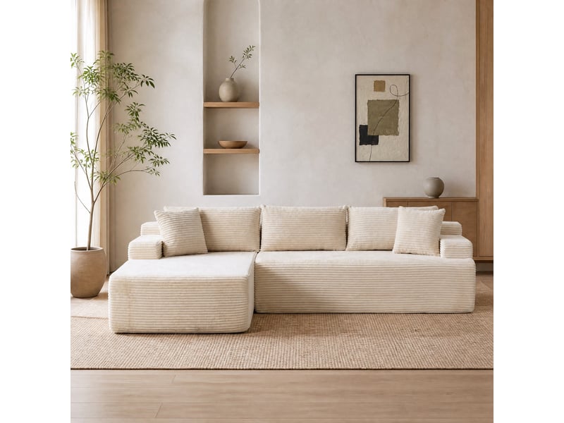 Canapé d’angle modulable 4 places avec chaise longue en chenille ivoire - Conforama B