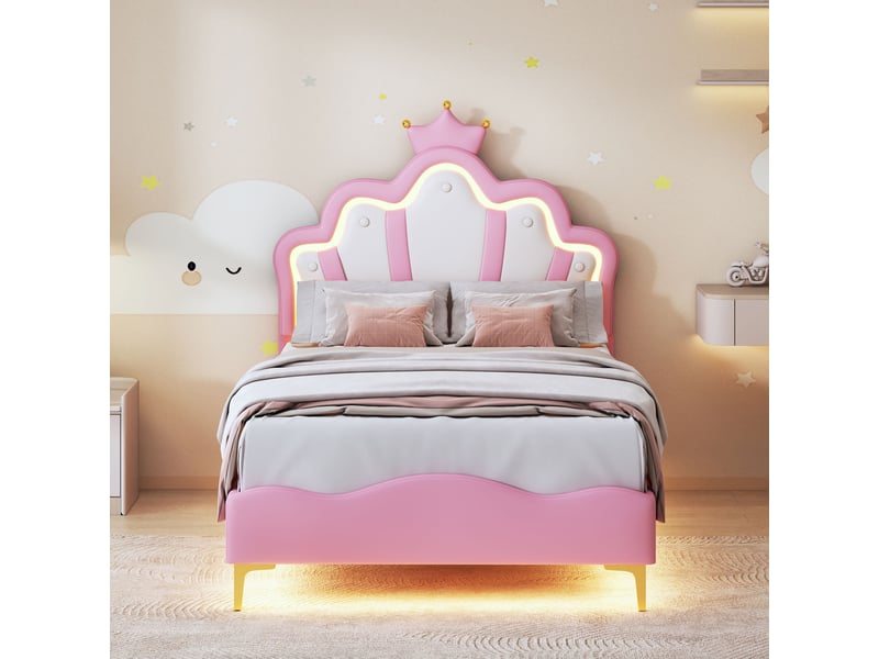  Lit 90x190cm - lit enfant 90x190 - lit simple rembourré avec tête de lit couronne , led rgb, moderne -en similicuir pu rose  - Conforama C