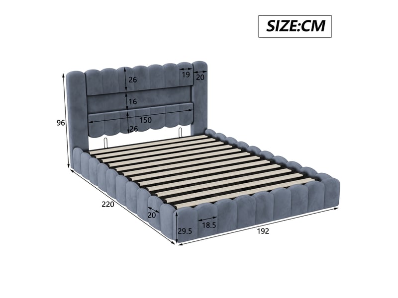  Lit coffre 180 x 200 cm avec led et ports usb,lit double rembourré , rangement hydraulique, lit fonctionnel,velours ,gris  - Conforama C