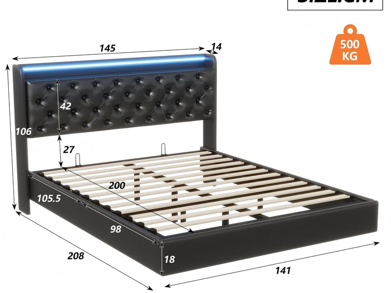  Lit 2 places 140x200 cm en cuir pu noir avec led, usb et rangement hydraulique – sommier suspendu  - Conforama C