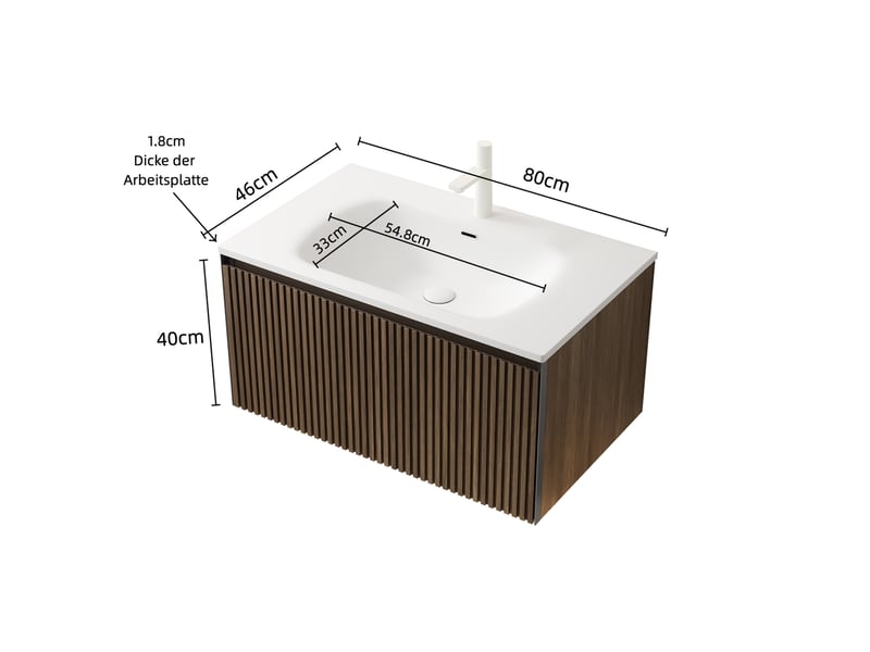 Meuble sous vasque mural avec 1 tiroir, vasque en résine blanche effet chêne brun pour salle de bain 80 × 46 × 41,8 cm - Conforama C