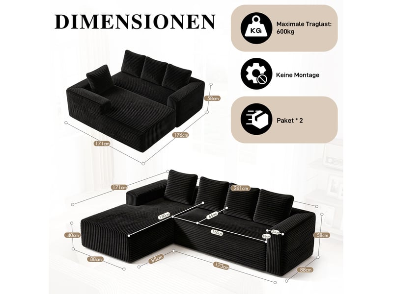  Canapé d'angle modulable modenvie 4 places avec méridienne en velours côtelé noir 261 x 168 x 58 cm  - Conforama C