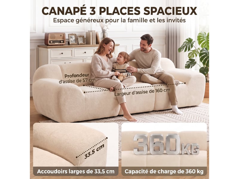  Canapé 3 places 233 cm, canapé salon en chenille moderne avec assise profonde, accoudoirs larges, beige  - Conforama D