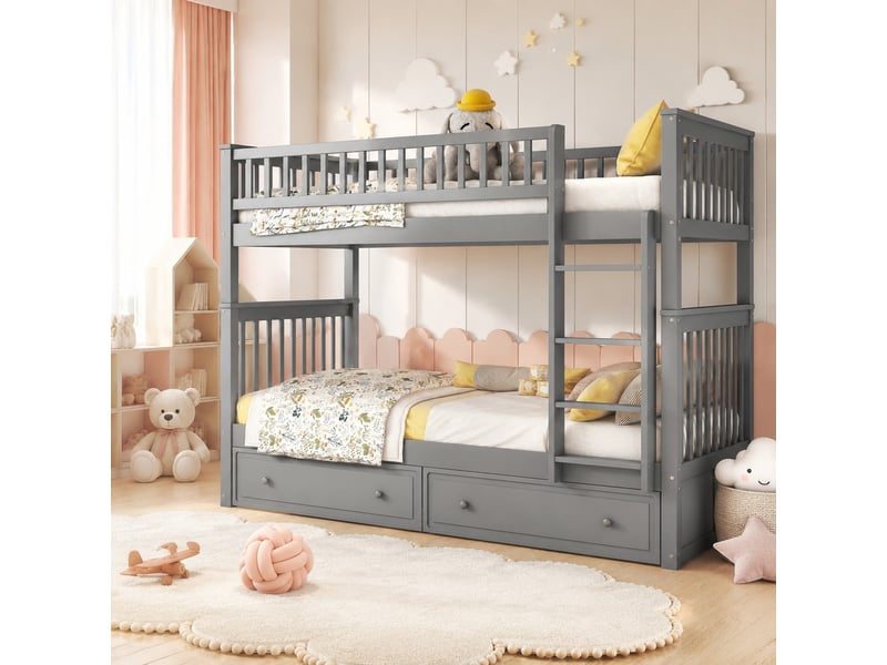  Lit superposé enfant 200×90 cm, convertible en 2 lits banquettes, avec 2 tiroirs, en pin et mdf gris  - Conforama B