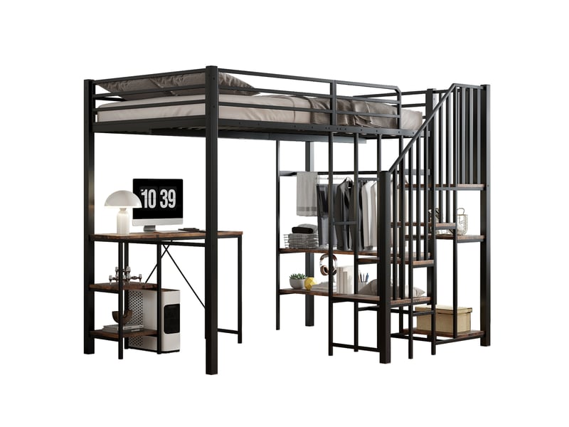  Lit mezzanine enfant 120x200 cm – noir et bois vintage – bureau, rangements et penderie ouverte intégrés  - Conforama A