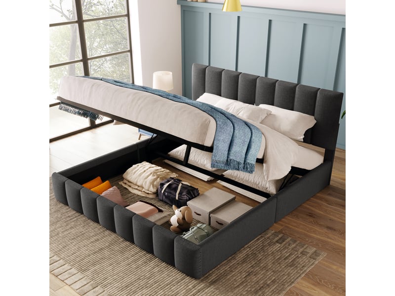 Lit coffre 140x200 avec matelas inclus, en lin gris, tête de lit réglable - Conforama D
