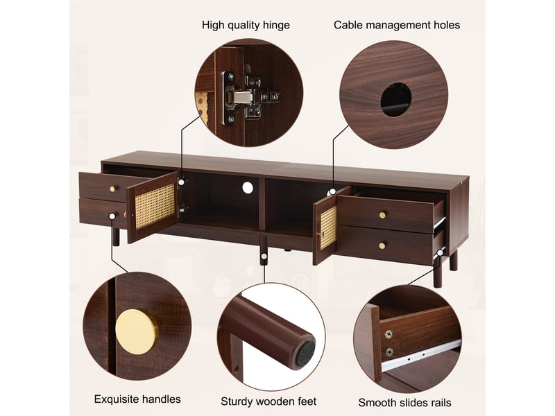  Meuble tv moderne effet bois foncé 180 cm avec 2 portes cannage rotin et 4 tiroirs, gestion câbles pour tv jusqu'à 80 pouces  - Conforama E
