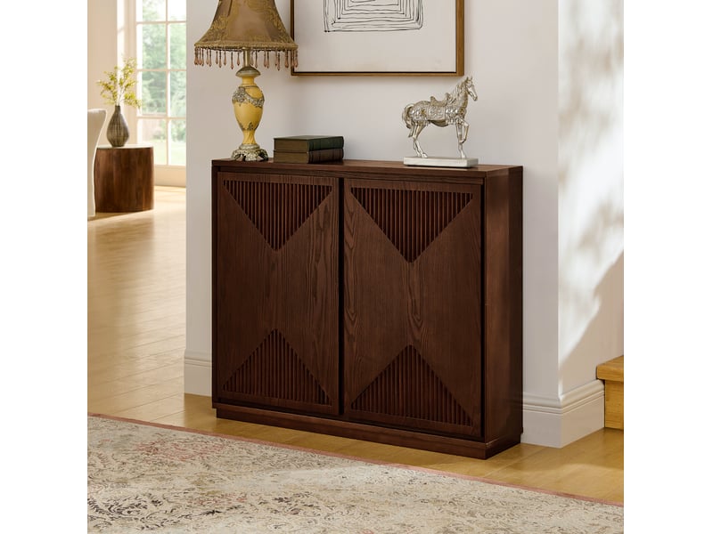 Buffet et enfilade avec 2 portes rainurées en v, 2 ouvertures pour prises, pour salon, en bois et mdf, noyer foncé - Conforama E