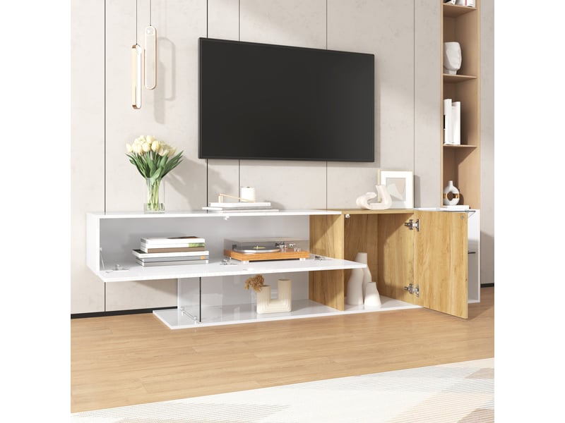  Meuble tv 180 x 38 x 48 cm, portes et étagères en verre, finition brillante, design moderne, blanc et décor bois, en panneaux de particules CARDUME ESTIVAL - Conforama D