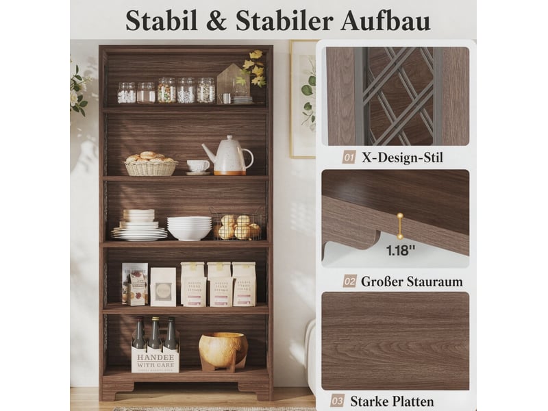  Bibliothèque sur pied marron en bois mdf, 5 étagères ouvertes et motif latéral en x, style classique pour bureau  - Conforama D
