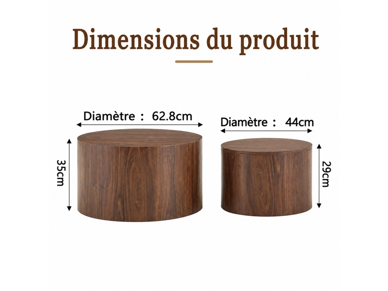  Lot de 2 tables basses rondes gigognes en mdf décor noyer avec rangement – ø 62,8 et 44 cm  - Conforama D