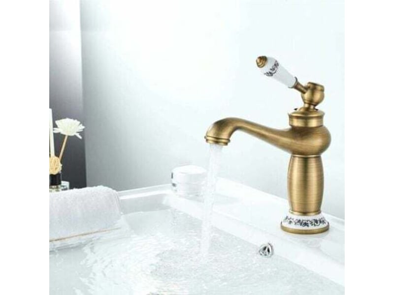  Robinet de lavabo vintage en laiton brossé – poignée en céramique à motif floral – eau chaude et froide – installation facile XJD000491MXR - Conforama B