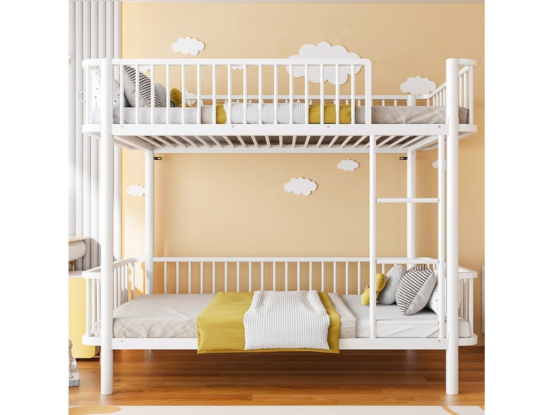 Lit superposé enfant 90x200 cm métal blanc, 2 couchages, barrières de sécurité, échelle centrale - Conforama B
