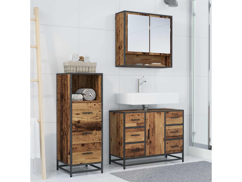  Ensemble de mobilier de salle de bain 3 pc bois ancien cf64274  - Conforama D