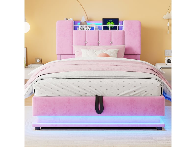  Lit coffre enfant simple 90×200 cm led et usb - okmyhome- en velours rose, rangement tête de lit, sans matelas  - Conforama C