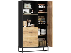 Buffet de cuisine moderne avec 2 tiroirs, 2 étagères et un placard, 88 x 35 x 160 cm, bois et noir