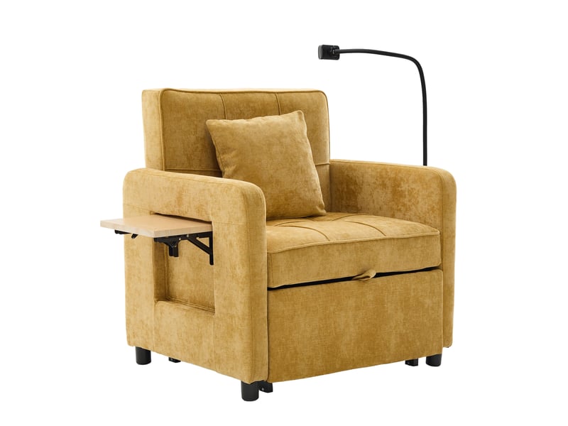  Fauteuil convertible avec dossier 5 positions, rangements et tablette, en chenille jaune moutarde, 167 × 79 × 83 cm  - Conforama A