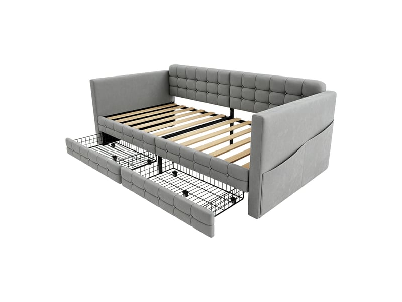 Lit banquette 90x190 cm - lit simple avec 2 tiroirs et rangements latéraux - tête de lit capitonnée - velours - gris - Conforama R