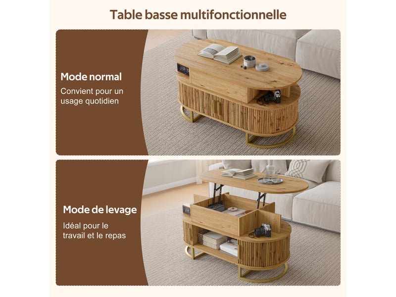Table basse ovale relevable 100x50x64 cm avec rangement caché, 2 portes coulissantes rainurées, niche, piètement métal doré, mdf effet bois naturel - Conforama E