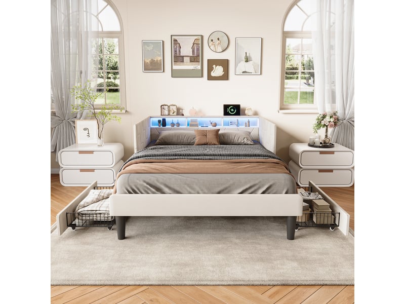  Lit avec 2 tiroirs 140x200, lit double adulte rembourré avec éclairage led et ports usbtype-c, tête de lit avec rangement, velours, moderne, beige  - Conforama C