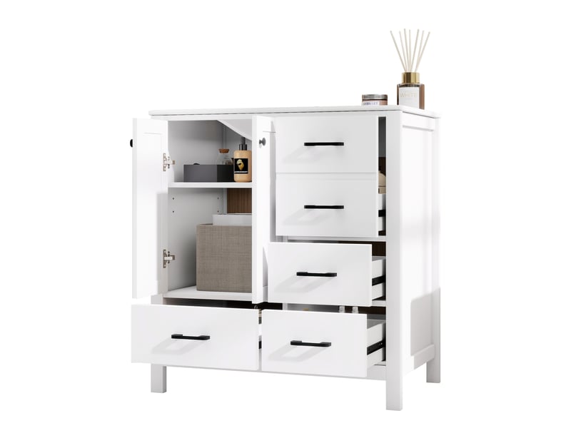  Meuble sous vasque 2 portes, 4 tiroirs, 3 étagères réglables, vasque en céramique pour salle de bain, 76×46×82 cm  - Conforama A